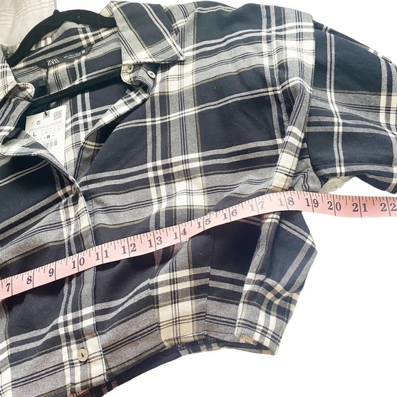 NWT Zara Cropped Plaid Flannel Shirt Crop Top Oversized Button Up Long Sleeve L - Picture 12 of 13